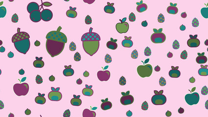 Seamless pattern of stylized fruits and nuts on pink background © human