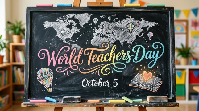 World Teachers Day Celebration Chalkboard Art with World Map and Hot Air Balloons in Classroom Setting