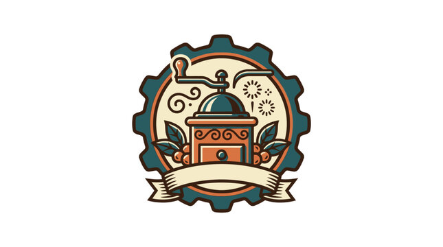 Coffee grinder logo with gear frame and ribbon banner.