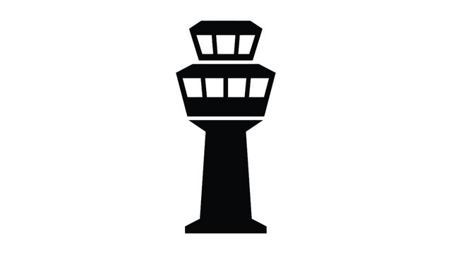 Black airport control tower icon silhouette rendered in a minimalist flat vector graphic art style