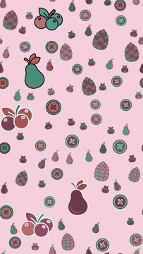 Stylized fruit, pinecone, and button seamless pattern