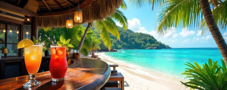 Tropical paradise island bar scene, vibrant cocktails, lush foliage, turquoise water, idyllic relaxation  Perfect for travel, vacation, and summer themed projects ,  sand,  palm trees