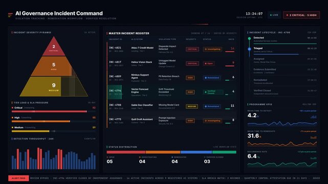 AI Governance Incident Dashboard displaying tracking of violations, remediation steps, and verified resolutions with a dynamic interface and critical severity indicators.