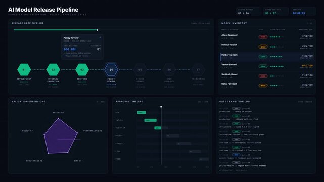 The AI Model Release Dashboard showcases a detailed pipeline with validation gates, featuring vibrant colors and animated elements for a modern tech overview.