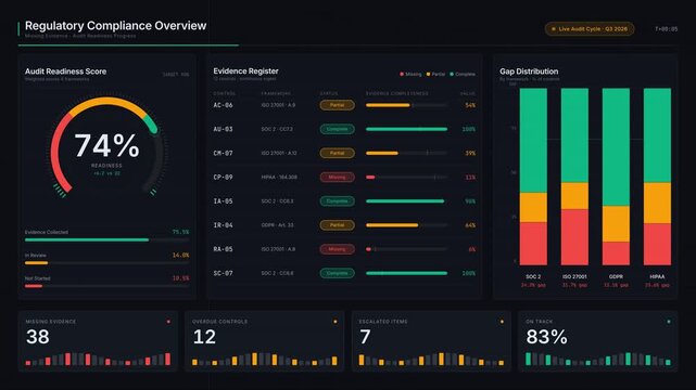 A cinematic dark-mode regulatory compliance dashboard showcases tracking of missing evidence and audit readiness progress with animated visual elements and KPI tiles.