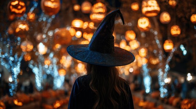 Person wearing a witch hat standing among glowing jack-o-lanterns at night