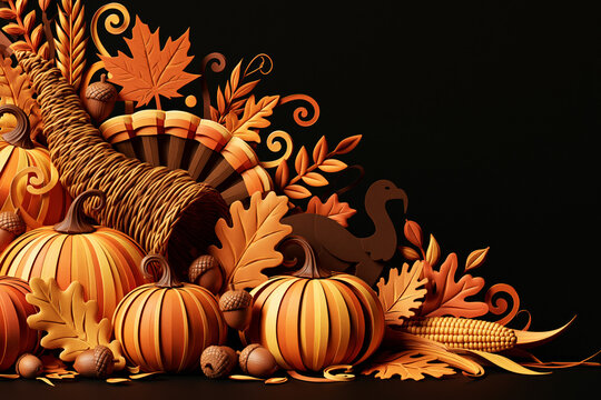 Layered paper cut illustration of turkey silhouette, pumpkins, corn and autumn leaves