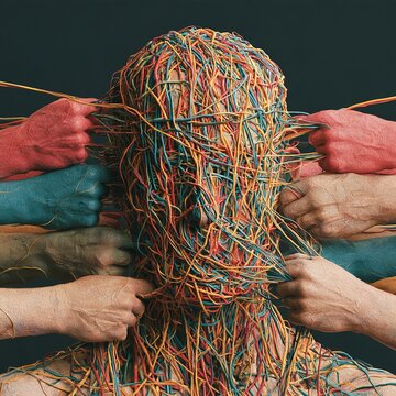 Human head entangled by many pulling hands and wires