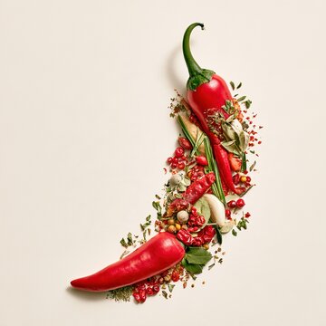 Red chili peppers and spices creating hot food composition