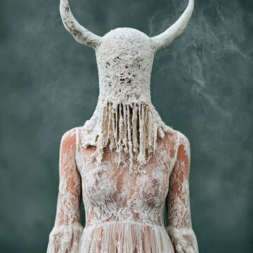 Woman wearing horned ritual mask and white lace dress