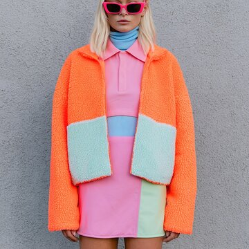 Woman wearing bright neon sherpa jacket and mini skirt