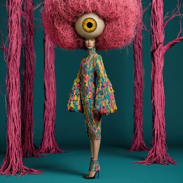 Woman with giant eyeball head and avant-garde fashion