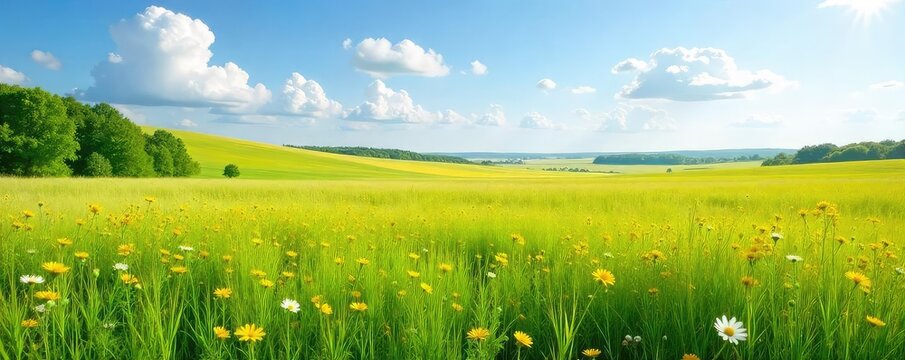 Vast expanse of tallgrass prairie swaying gently in the breeze, wildflowers dotting the landscape under a bright summer sky  A tranquil scene of untouched nature ,  biodiversity,  prairie,  grasses