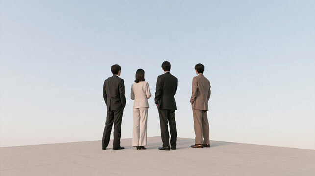 Diverse team standing together outdoors and looking ahead with quiet workplace collaboration and shared purpose