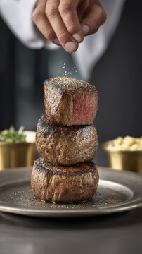 Chef seasoning a stack of grilled beef tenderloin steaks with cracked black pepper