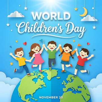 Diverse group of happy children jumping on planet earth for World Childrens Day
