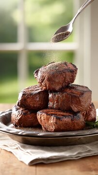 Chef seasoning a stack of grilled beef tenderloin steaks with cracked black pepper