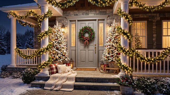 Decorated front porch of a house with christmas lights and a wreath