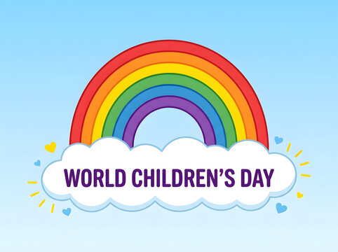 World Childrens Day text graphic with a colorful rainbow and white cloud