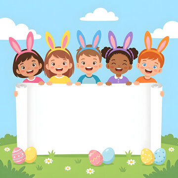 Diverse group of children wearing bunny ears holding a blank white banner