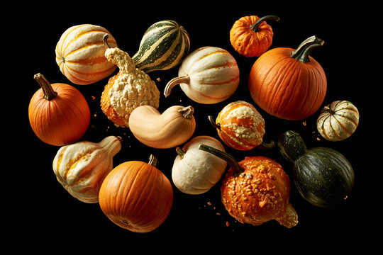 Assorted pumpkins and gourds in various colors and textures floating on black background