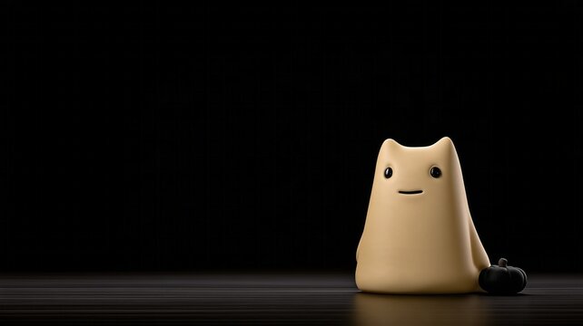 Soft, smiling creature sits alone on dark surface