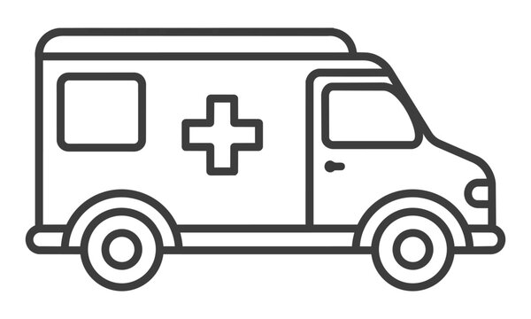 Minimalist monoline icon of a medical ambulance vehicle with a cross emblem and smooth rounded outlines isolated on a white background medical healthcare concept