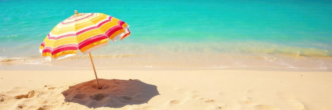 Vibrant striped beach umbrella providing shade on a sunny day, casting a shadow on the golden sand Perfect for summer vacation, travel, and relaxation imagery , getaway, coast