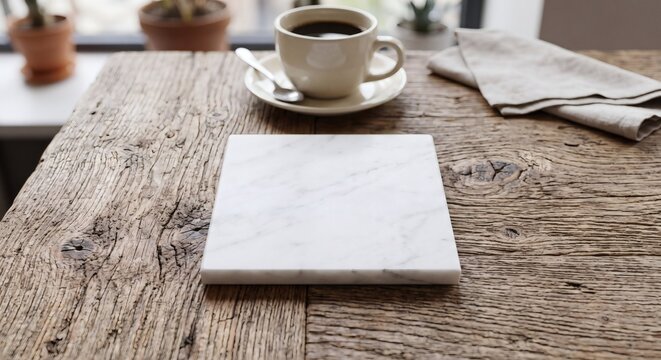Photorealistic mockup of a blank white marble coaster on a wooden table