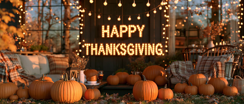 Happy Thanksgiving Table Pumpkins Autumn Leaves Banner