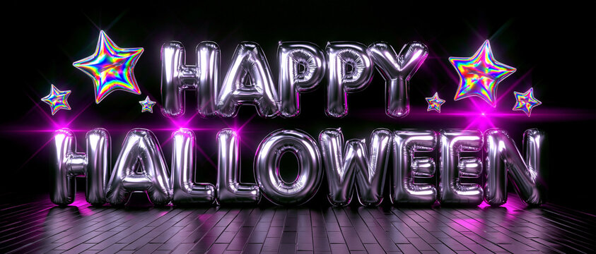 Happy Halloween Neon Text Bats Star Dark Background Banner