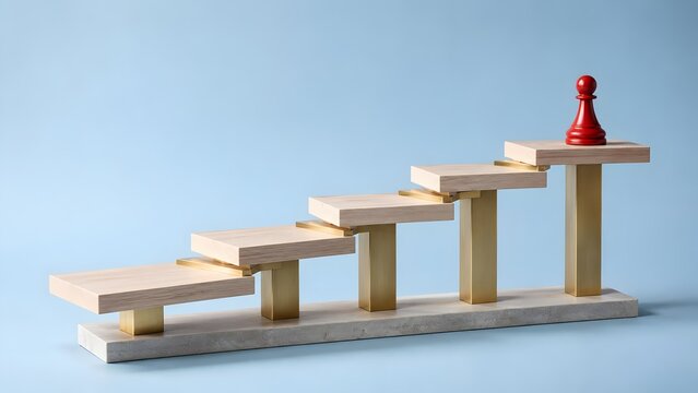 Red pawn standing on top of wooden staircase representing career growth promotion and business success concept
