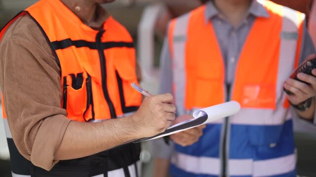 Engineer records maintenance results on clipboard during drainage equipment inspection, checking trash removal equipment and debris removal system near sluice gate.