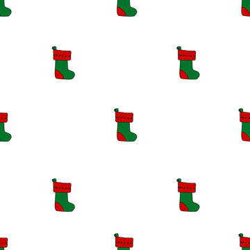 hand drawn simple Christmas stocking seamless pattern with red cuff and green body