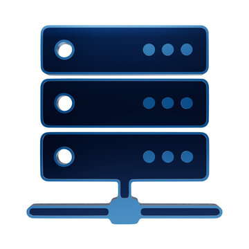 A blue glowing icon of a server rack with three stacked units and a network connection base, representing data storage, cloud computing, and networking isolated on a transparent background