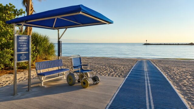 Beach access point with wheelchair-friendly path and seating area near the water during early morning light hours