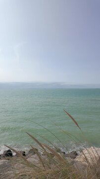 Serene seascape with calm turquoise ocean waves and grass swaying in the wind. Peaceful vertical video.