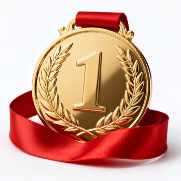 Gold first place medal with red ribbon on white background