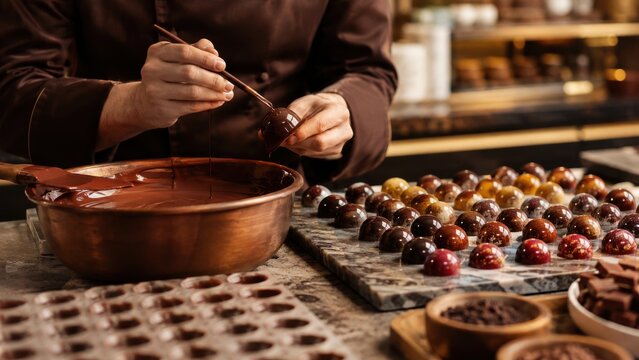 Chocolatier creates gourmet chocolates in a modern kitchen with polished counters and organized workspace using various molds and ingredients