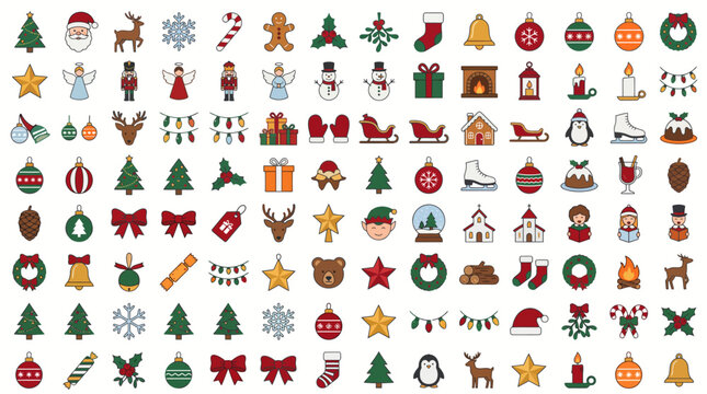 Comprehensive set of minimalist Christmas flat line icons featuring holiday characters seasonal decorations and festive winter graphic elements for design projects