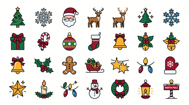 Minimalist Christmas line icon collection featuring Santa reindeer ornaments and festive decorations in bold colorful flat illustration style