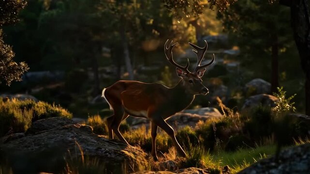 Red deer stag with large antlers standing on rocky terrain in forest at golden hour