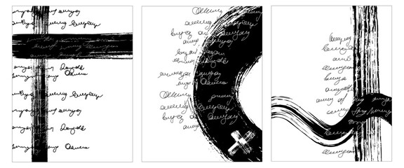 Obraz premium Curve zen brush with unreadable text on paper vector. Brushstroke arc for poster wit illegible script. Grunge ink stroke and paintbrush scribble. Drawn canvas painting for line rough bold paint