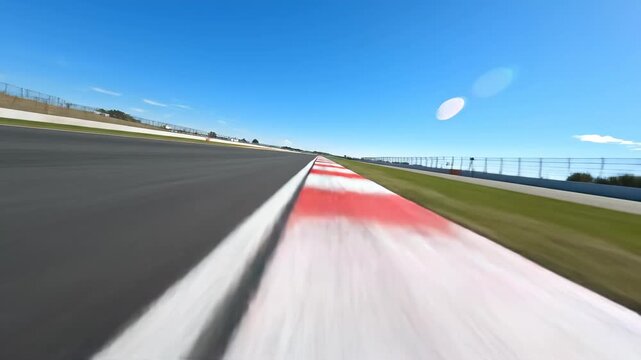 An empty racing track from a track perspective, speeding along the track from a first-person perspective