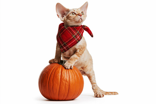 Devon Rex cat in plaid bandana sitting on pumpkin, portrait on white background