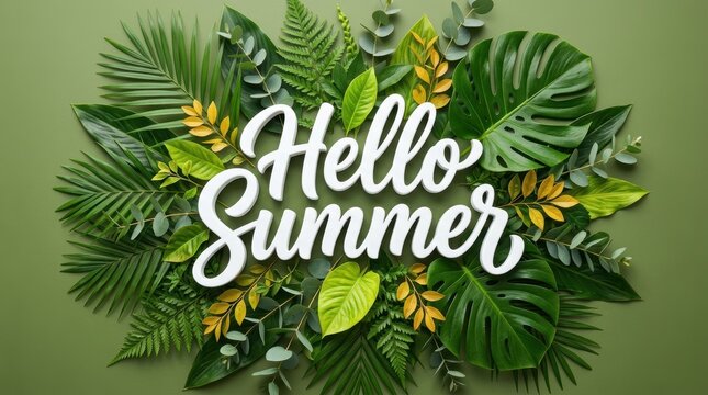 Hello summer text sign with lush tropical green palm leaves and exotic jungle plants on a dark olive background
