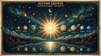 Fototapeta premium Autumn equinox planetary alignment diagram showing the sun and planets in the solar system on dark background