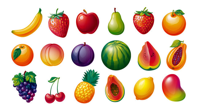 Colorful fruit icon set with banana, apple, pear, strawberry, orange, peach, plum, watermelon, pineapple, papaya, grapes, cherry, lemon, and mango, vector illustration isolated on white