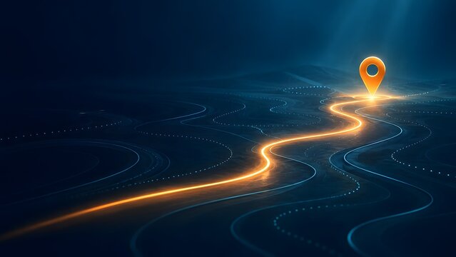Glowing path with location pin on abstract map