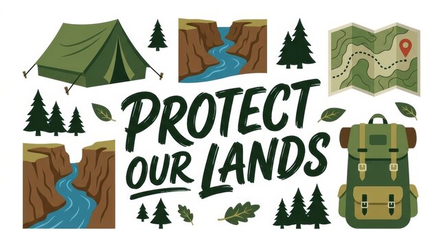 Protect our lands text with camping tent backpack map and canyon icons for outdoor nature conservation design
